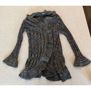 Domani Gray Black Checkerboard Knit Ruffle Hooded Cardigan Sweater Bell Sleeve L